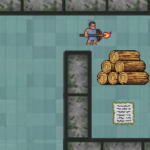 Une capture d'écran du jeu Minorun montrant un joueur devant un tas de bois