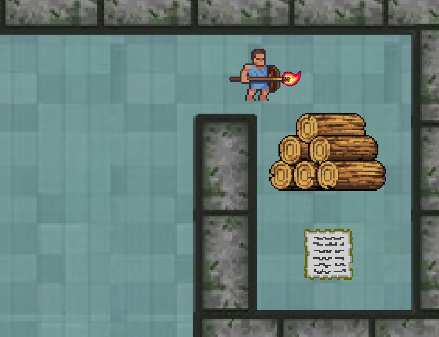 Une capture d'écran du jeu Minorun montrant un joueur devant un tas de bois