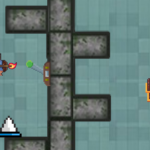 Une capture d'écran du jeu Minorun montrant un joueur en train de résoudre une énigme. IL utilise deux leviers pour actionner des pièges à piques.